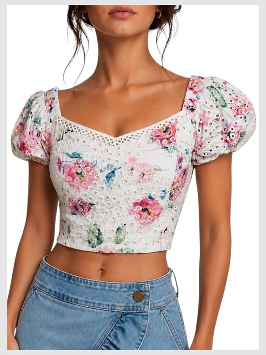 Aqua Tops - Aqua Crop Top White Pink Floral Eyelet Puff Sleeve S
